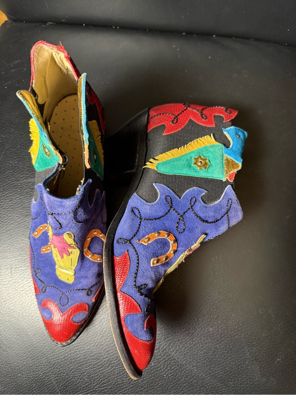 Vintage Zalo Western Cowgirl Boots Size 7M Colorful Leather Appliqué Spain 2" - Picture 4 of 16